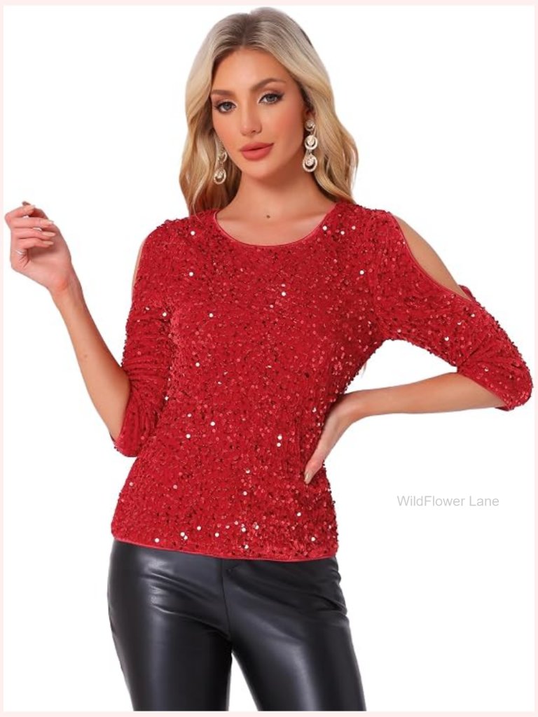 Sparkle Sequin Velvet Top With Cut Out Half Sleeve Party Blouse